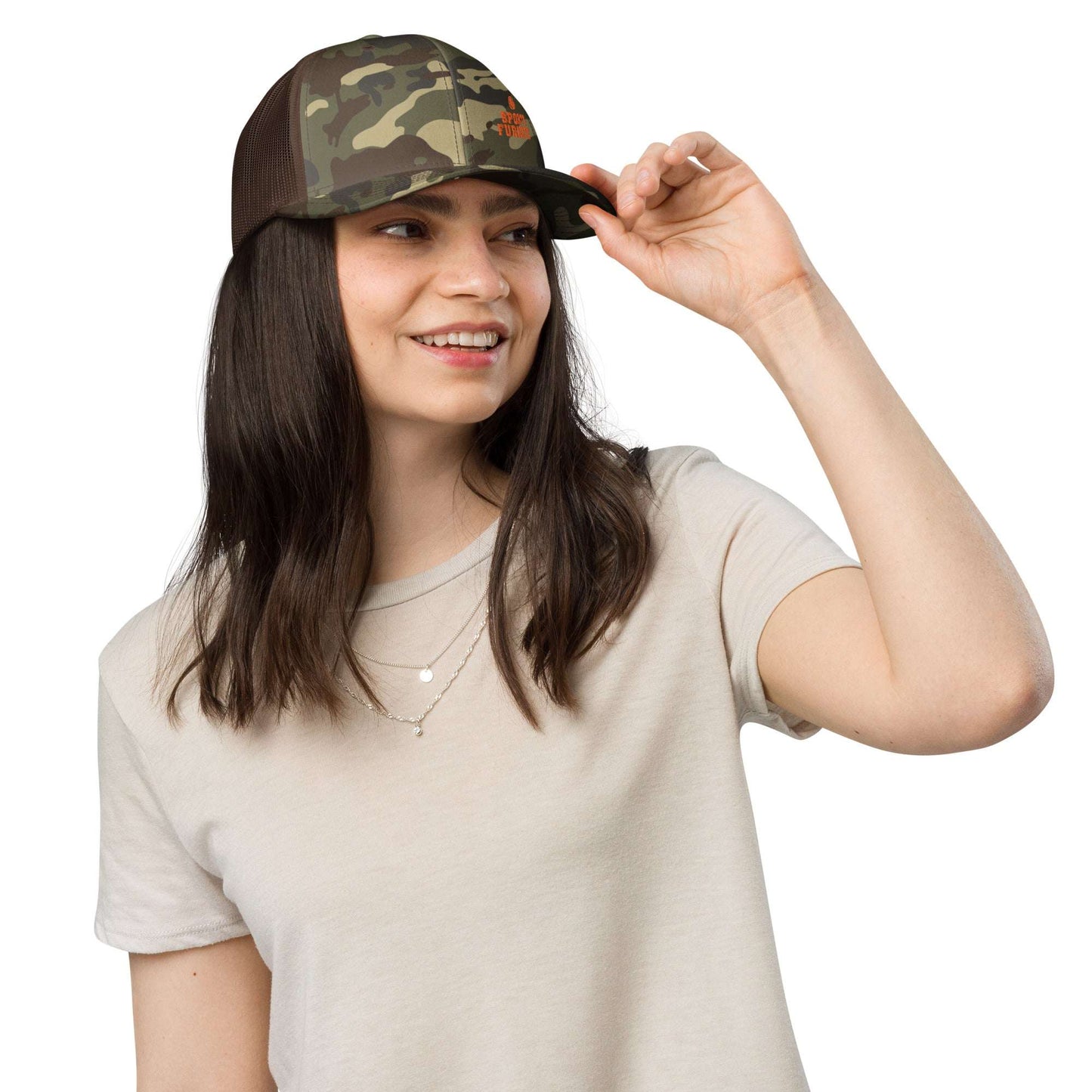 Sports Furnatic's, Sport Furantic, Trucker Hat with logo centered in front and Orange embroidery, Female Model Smiling-Printful Product