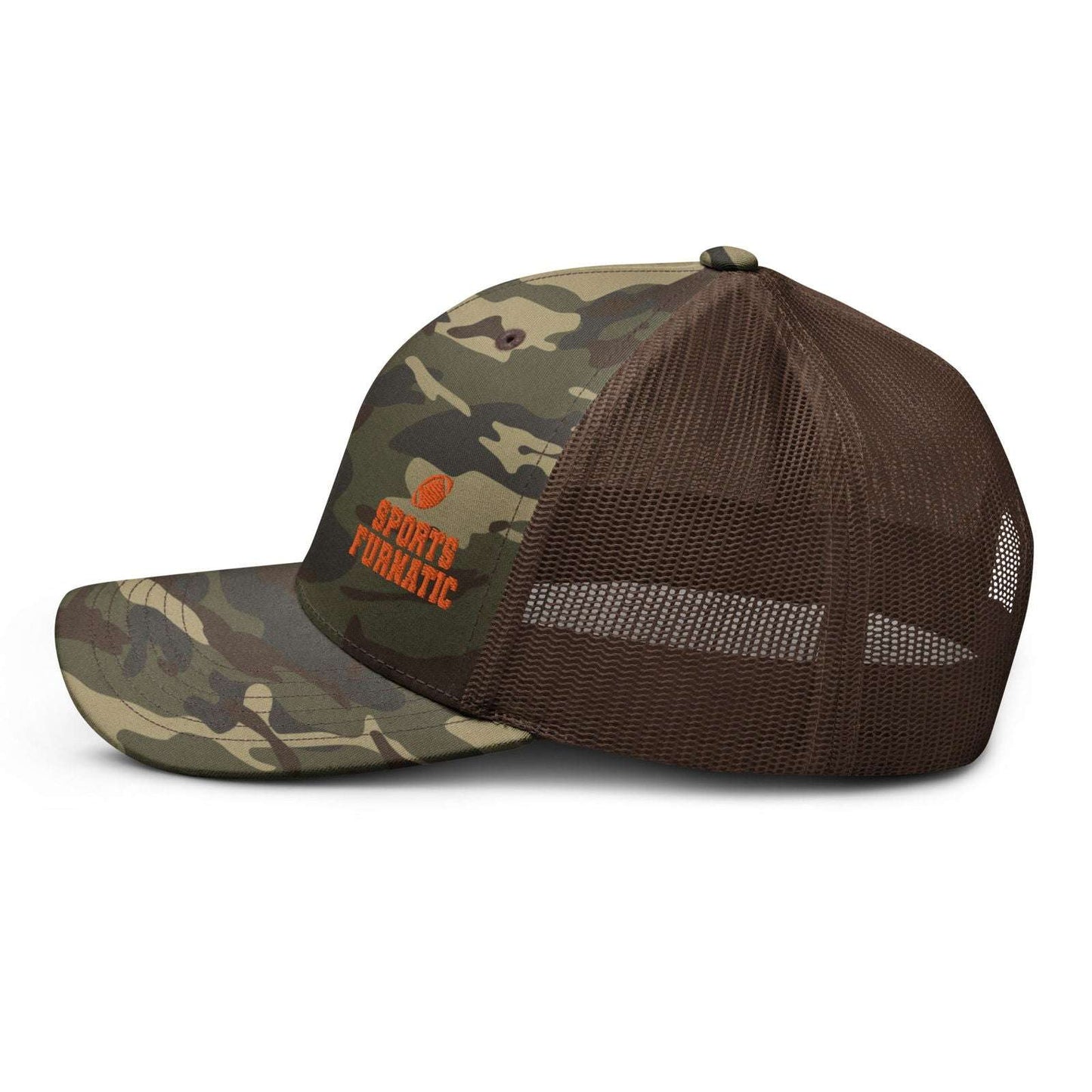 Sports Furnatic's, Sport Furantic, Camo Trucker Hat from the side with Orange embroidery-Printful Product
