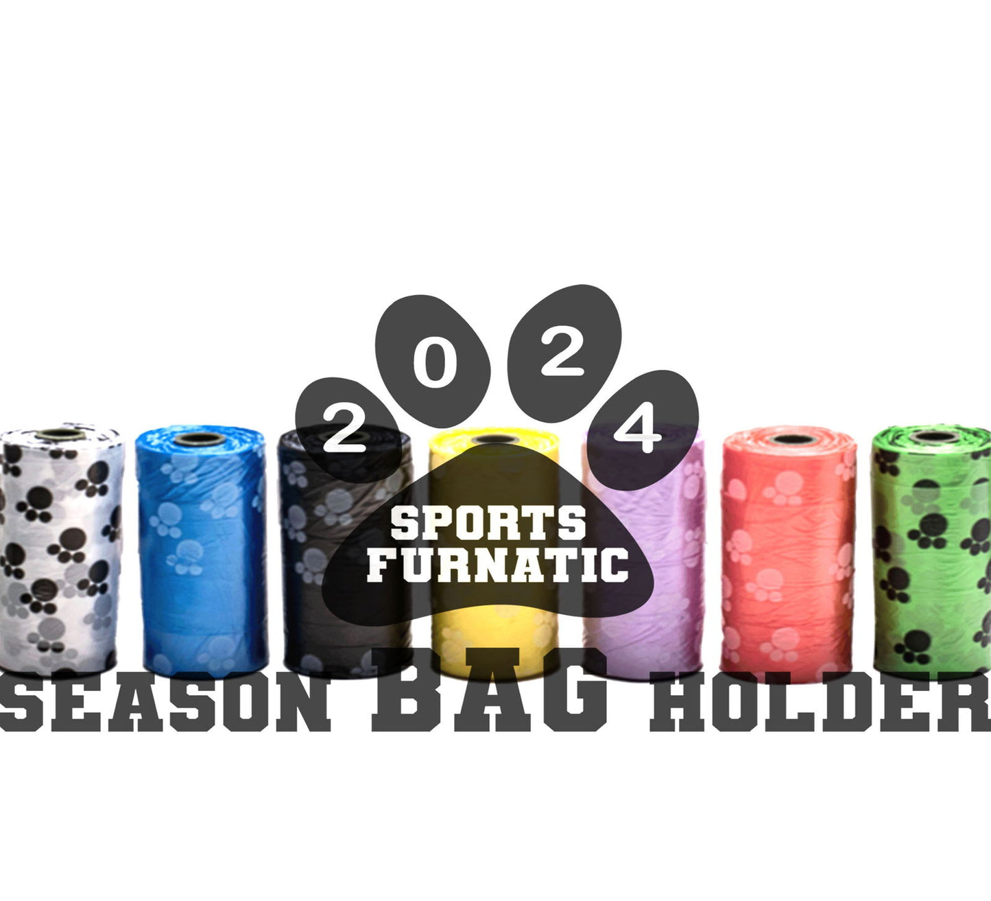 Sports Furnatic's logo for the annual bag subscription, called Season BAG Holder with all seven bag colors available behind the logo. Subscription has 54 rolls made up of two colors.