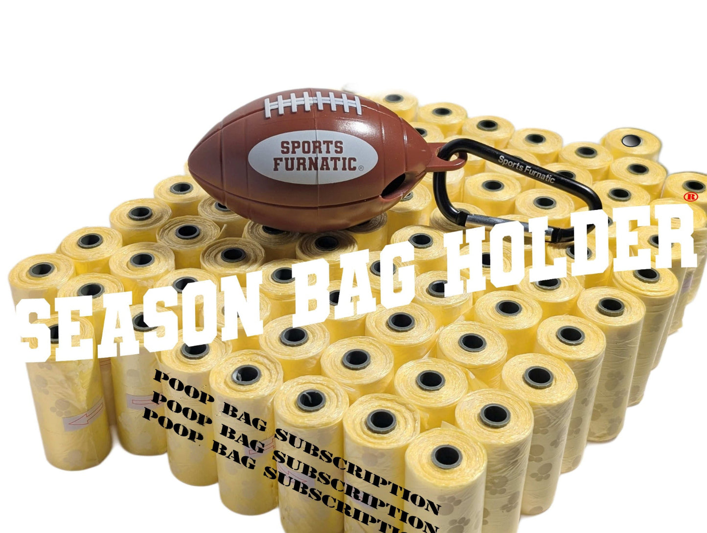 54 Yellow Dog Poop Bag Rolls in a square dispenser on top of the square. 'SEASON BAG HOLDER' in big chunky letters in white across the middle.