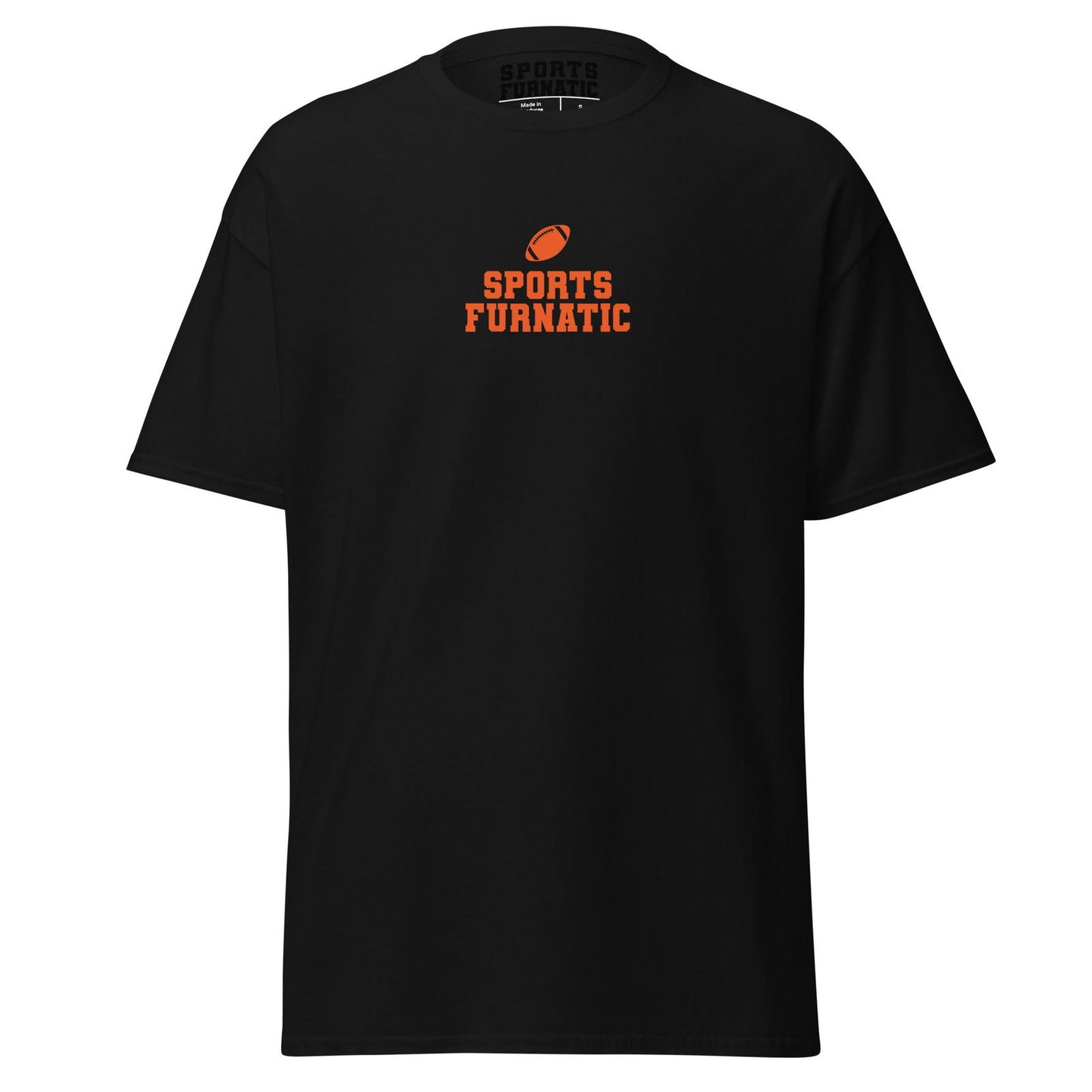Sports Furantic's, Sports Furnatic, Black T-Shirt with Dark Orange lettering and Football icon.