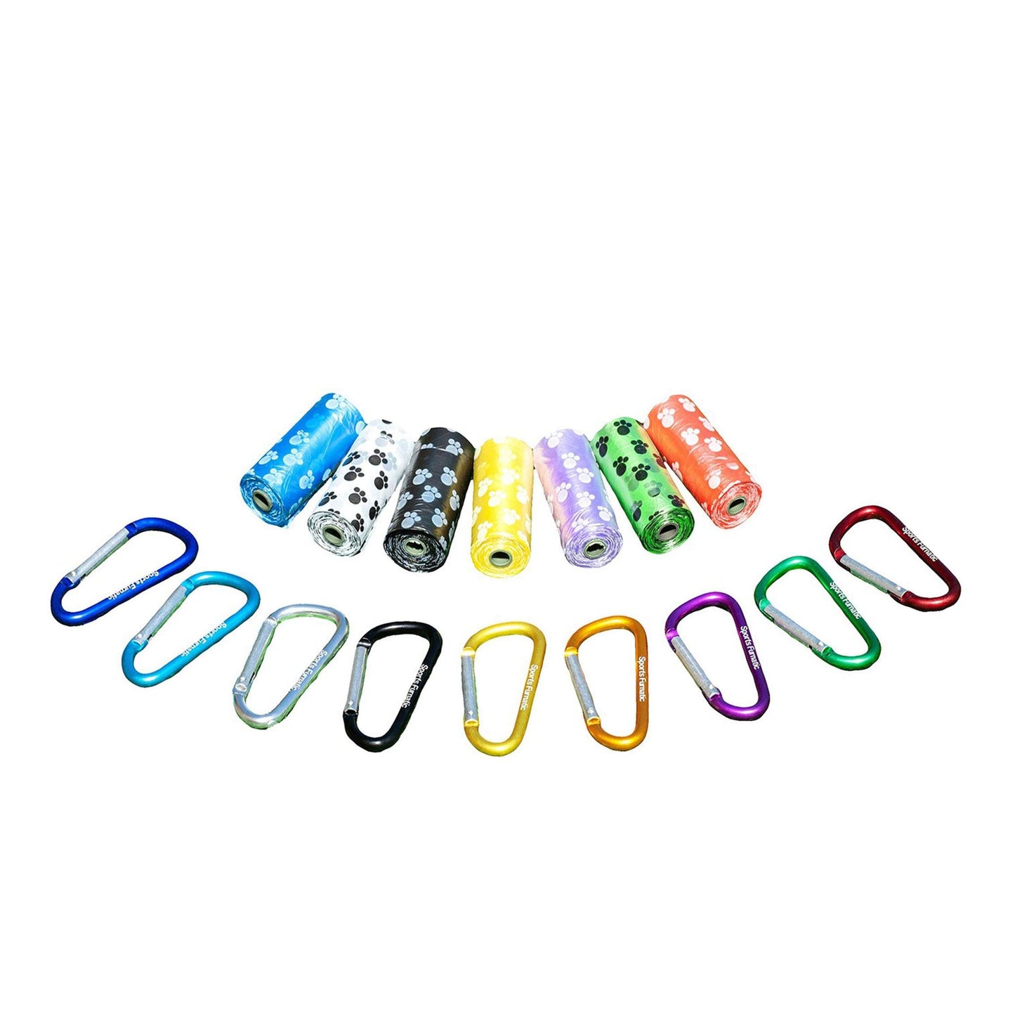 Sports Furnatic's poop bag dispenser named The Tail Gater® comes with one carabiner and two rolls of bags. All nine colors of carabiner and seven colors of bags are arrayed.