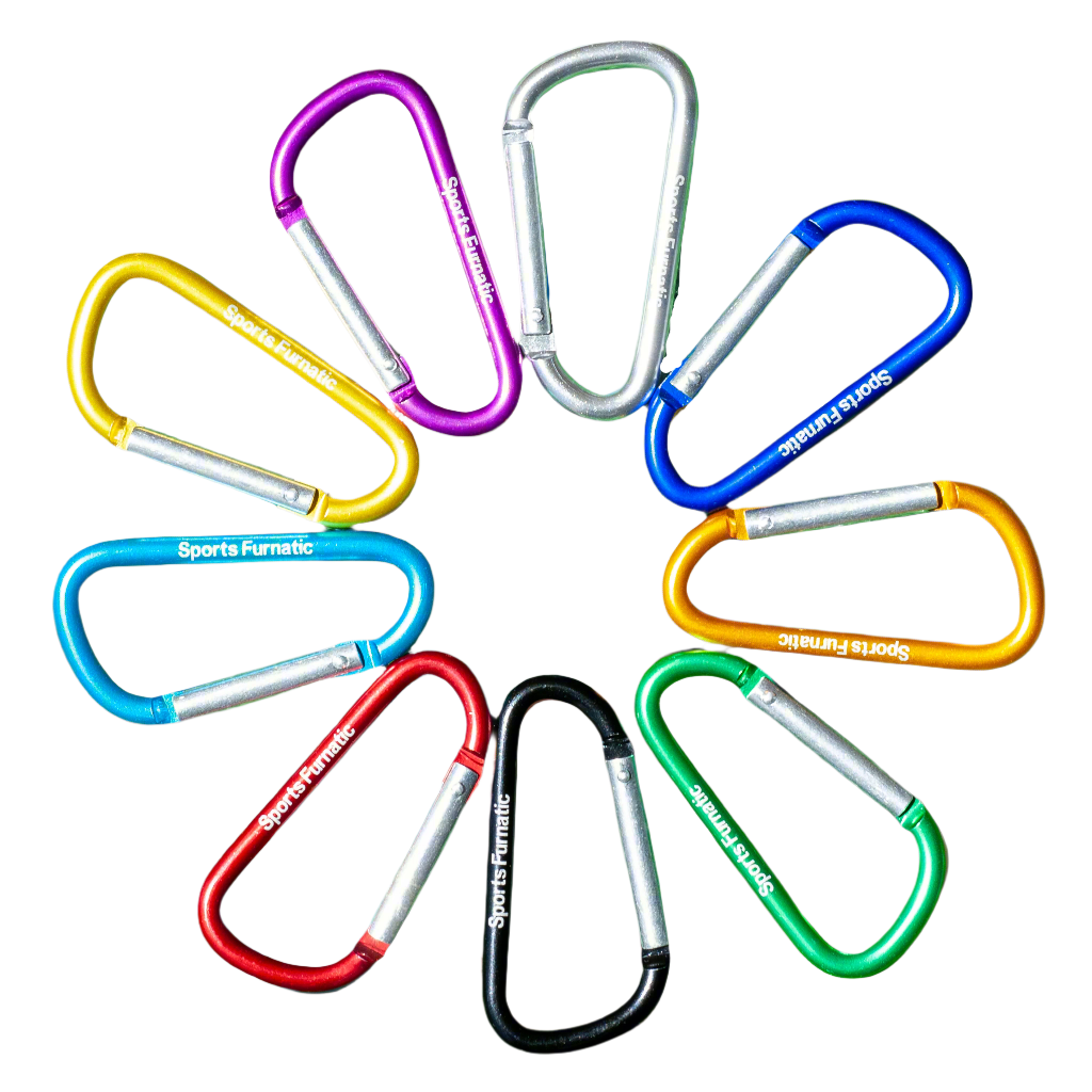 The nine carabiners are purple, silver, dark blue, orange, green, black, red, light blue, and yellow.  The narrow ends creating an empty circle in the middle of the carabiners.