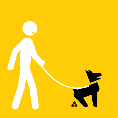 A 2D image of White stick figure with black stick figure dog on a white leash, taking a poop. Background is Dark Yellow.