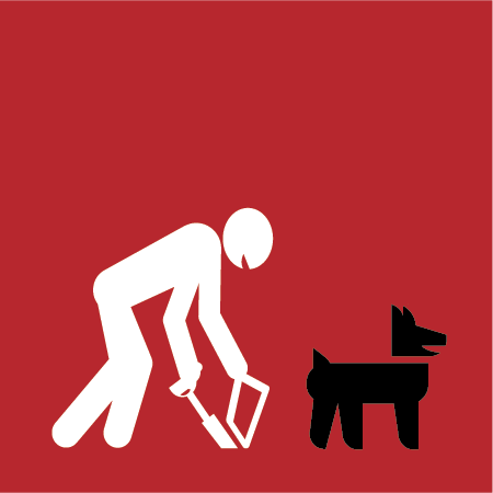 A 2D image of White stick figure, picking up dog poop, with black stick figure dog. Background is deep red.