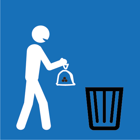 A 2D image of White stick figure dropping dog poop bag into black trash can. Background is blue.