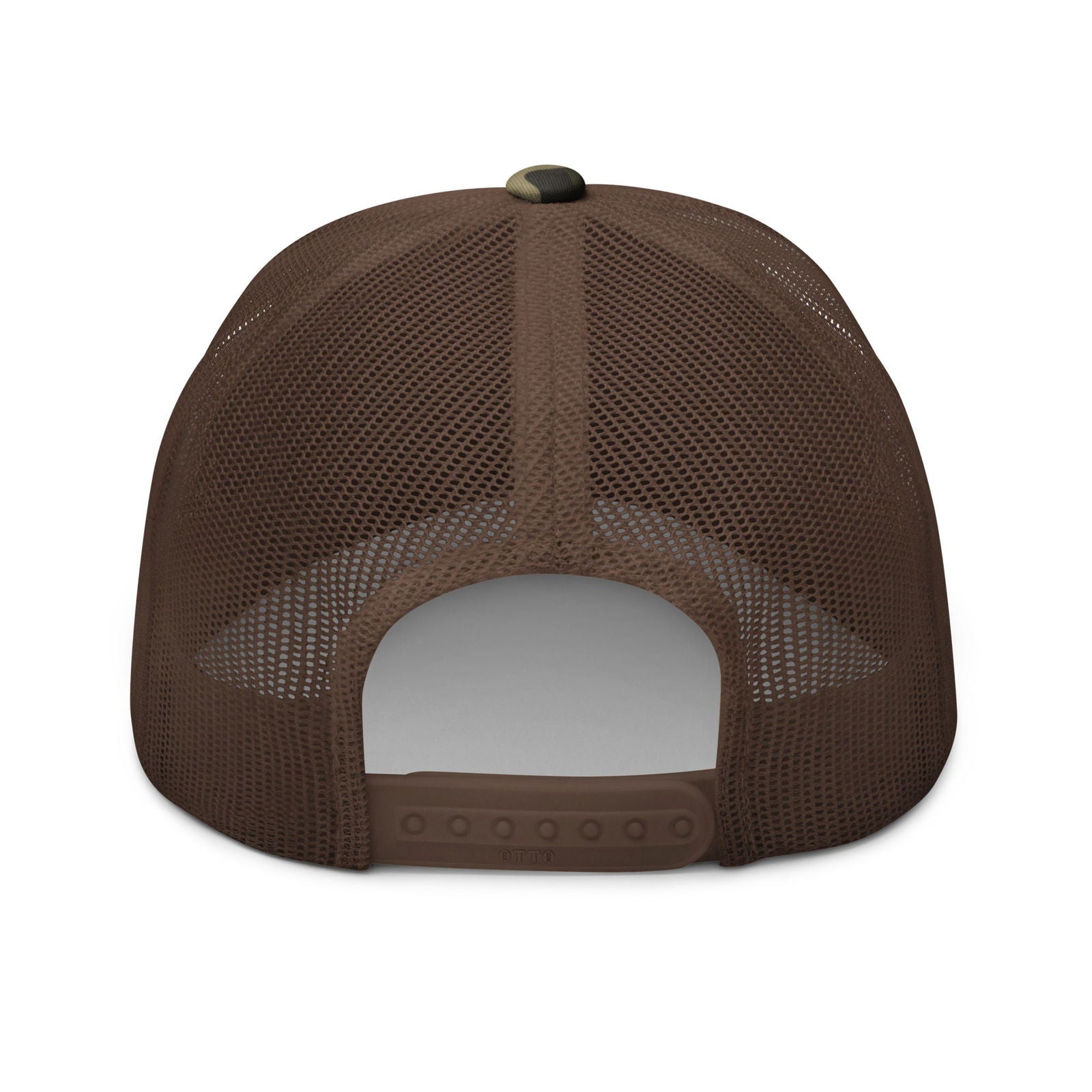 Sports Furnatic's, Sport Furantic, Camo Trucker Hat from the back with Orange embroidery-Printful Product