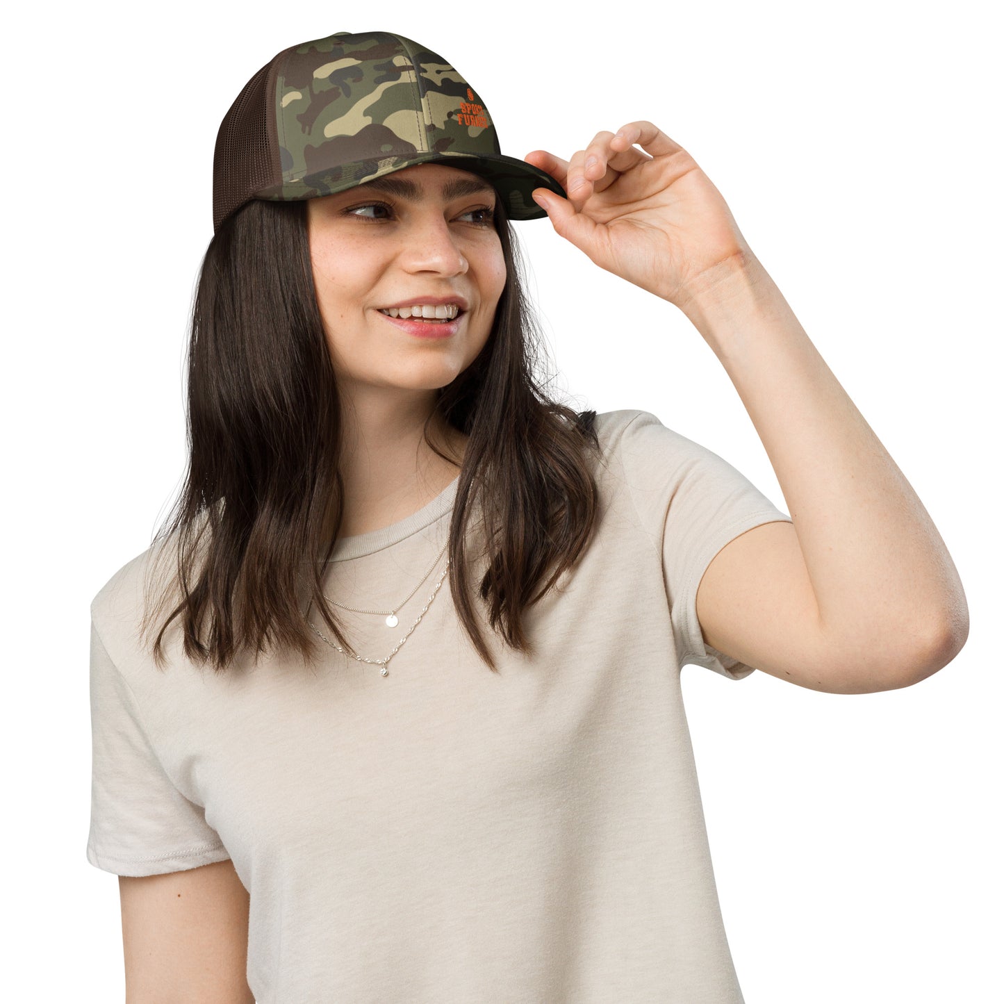 Sports Furnatic's, Sport Furantic, Trucker Hat with logo centered in front and Orange embroidery, Female Model Smiling-Printful Product