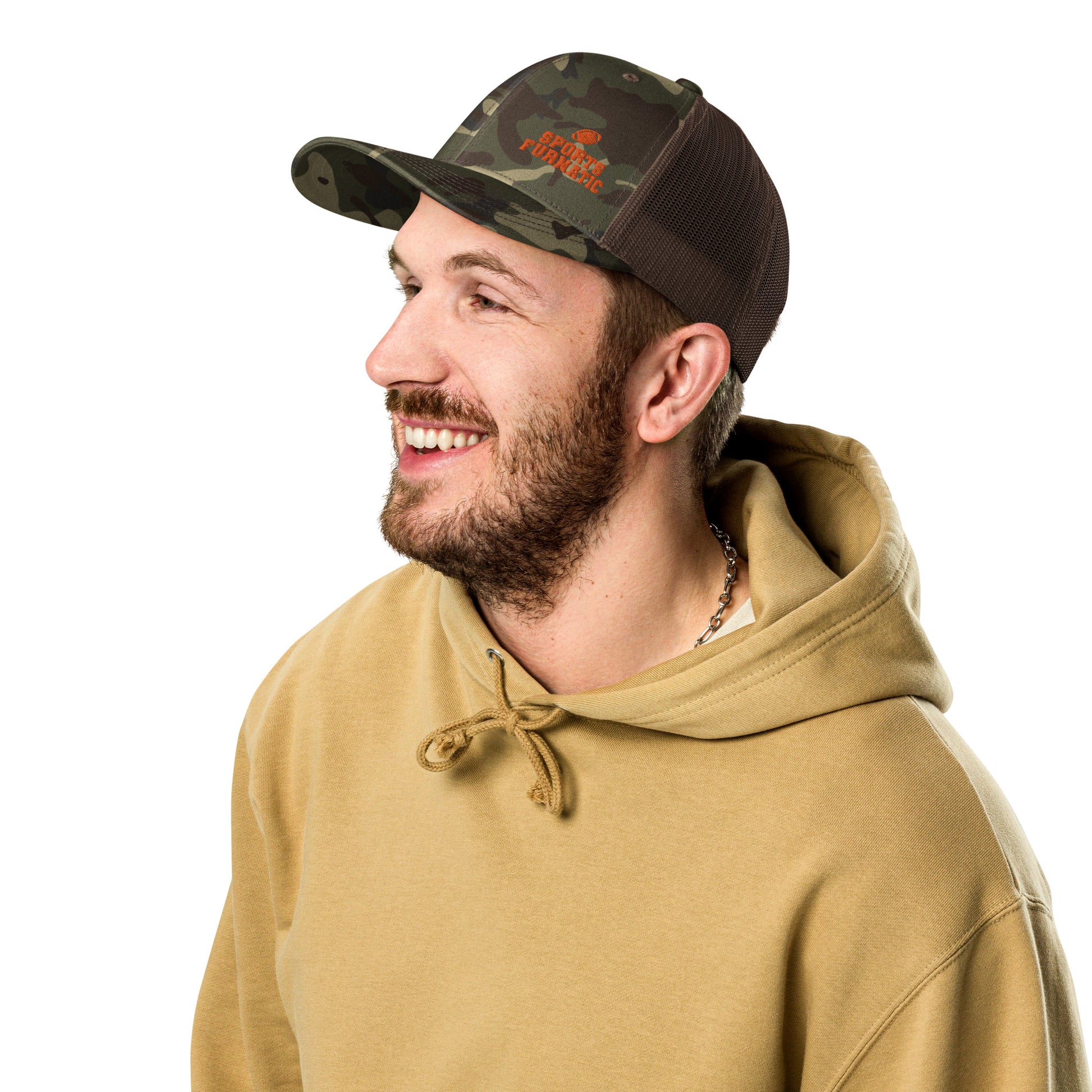 Sports Furnatic's, Sport Furantic, Trucker Hat with logo centered in front and Orange embroidery, Male Model Smiling-Printful Product