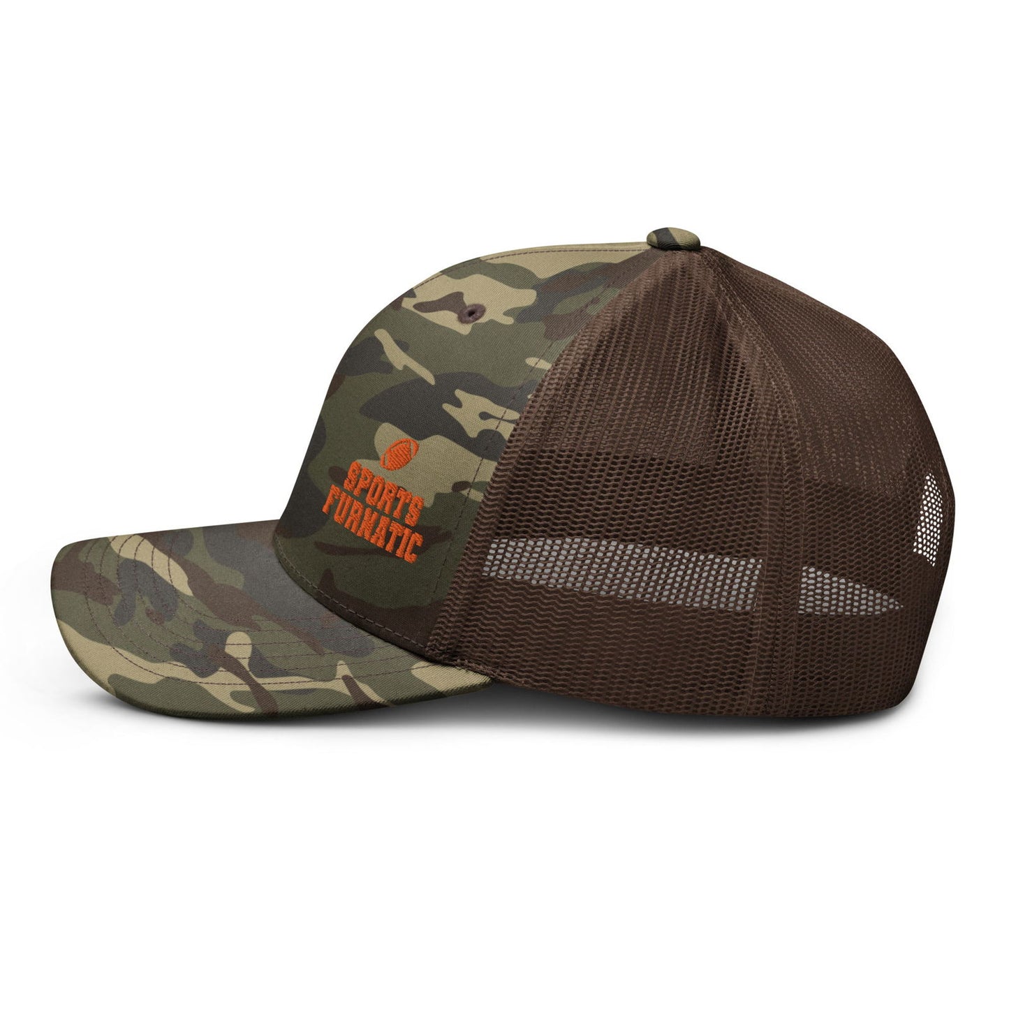 Sports Furnatic's, Sport Furantic, Camo Trucker Hat from the side with Orange embroidery-Printful Product