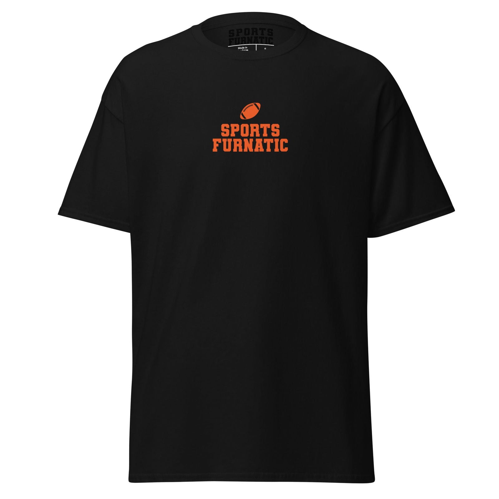 Sports Furantic's, Sports Furnatic, Black  T-Shirt with Dark Orange lettering and Football icon.