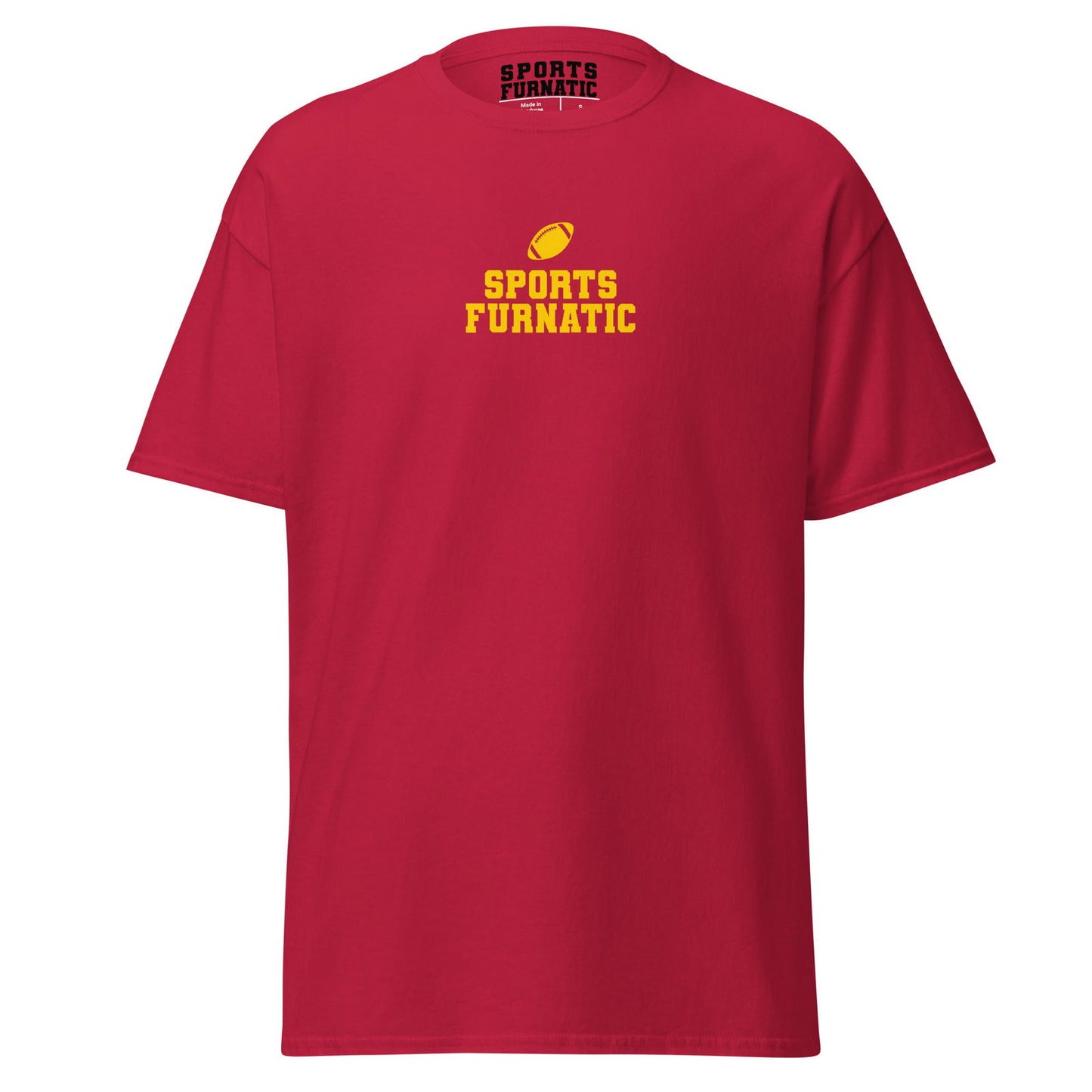 Sports Furantic's, Sports Furnatic, Cardinal Red T-Shirt with Yellow lettering and Football icon.