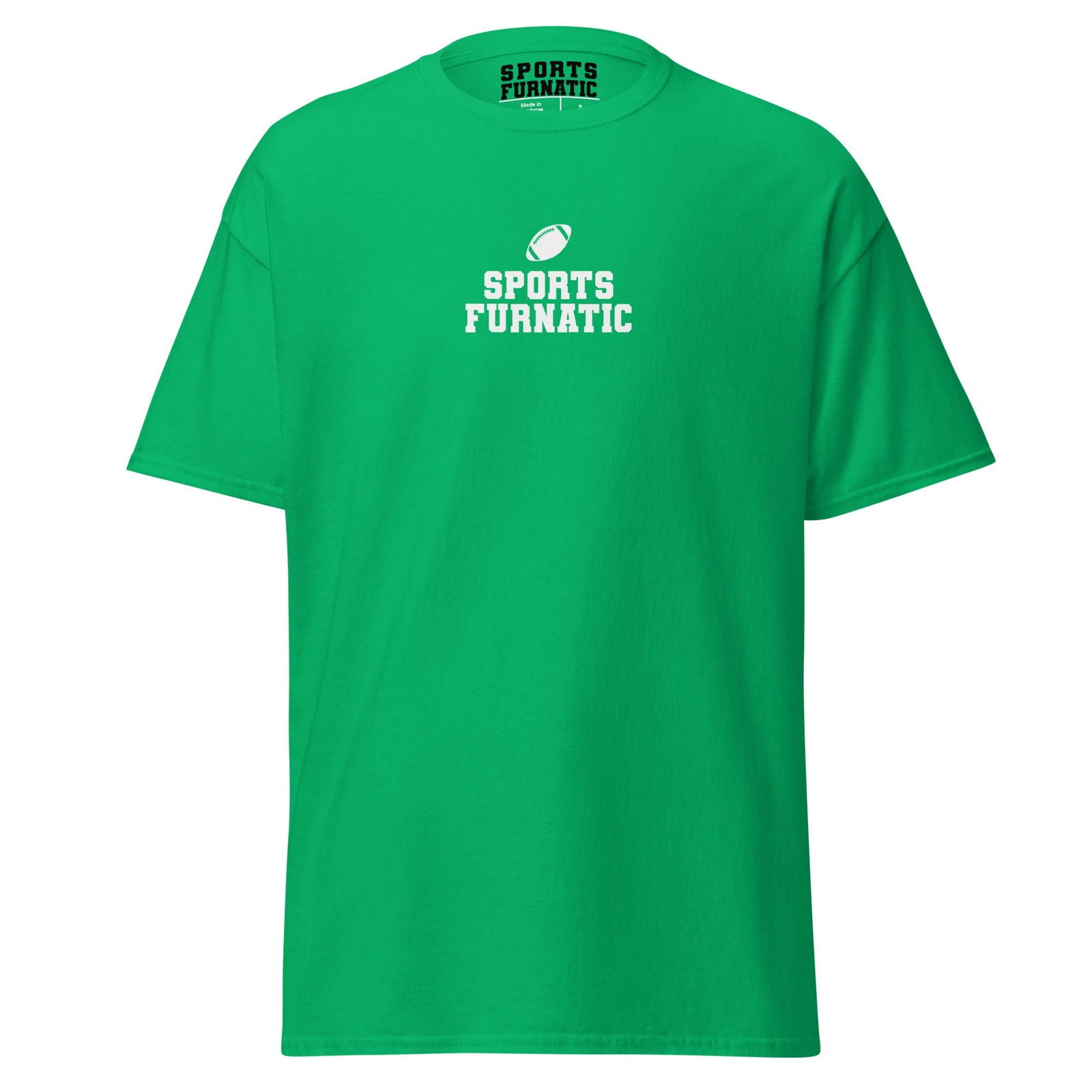 Sports Furantic's, Sports Furnatic, Green T-Shirt with White lettering and Football icon.