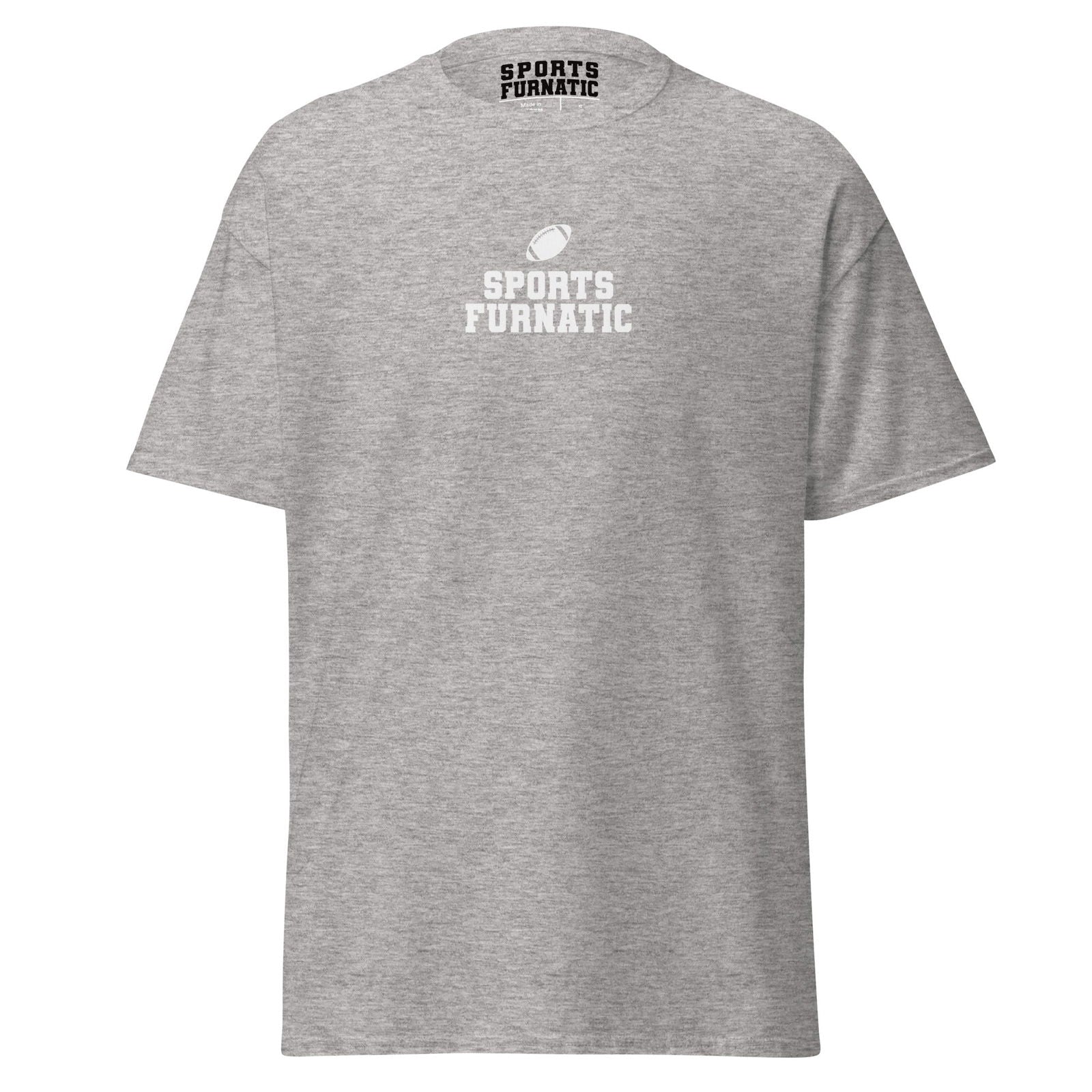 Sports Furantic's, Sports Furnatic, Grey T-Shirt with Yellow lettering and Football icon.