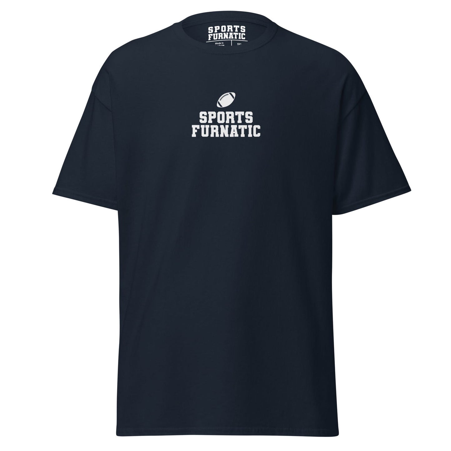 Sports Furantic's, Sports Furnatic, Navy Blue T-Shirt with White lettering and Football icon.