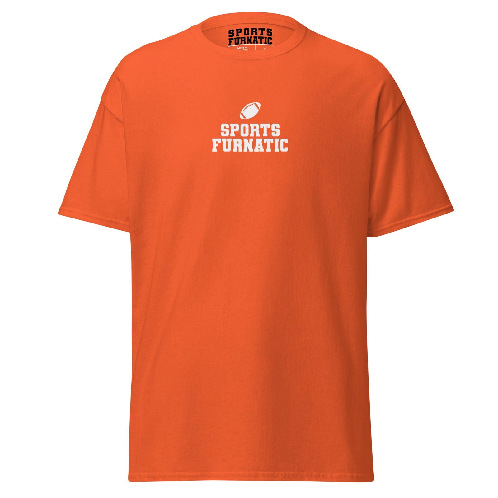 Sports Furantic's, Sports Furnatic, Orange T-Shirt with White lettering and Football icon.