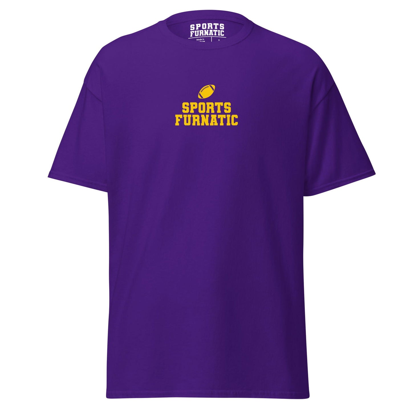 Sports Furantic's, Sports Furnatic, Purple T-Shirt with Dark Yellow lettering and Football Icon.