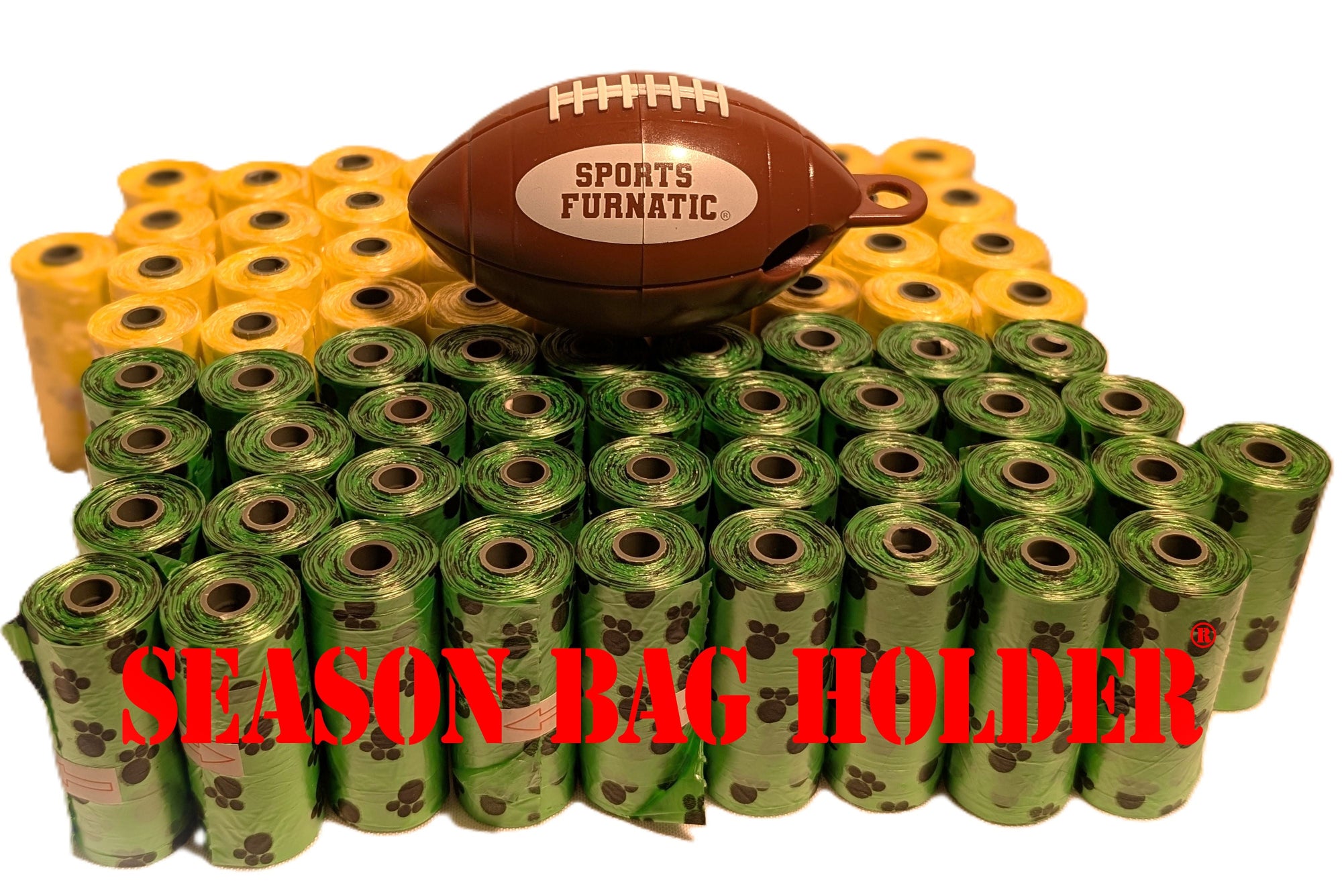 27 Yellow Rolls and 27 Green Rolls with a Football Dispenser sitting on top of the square. Red lettering says 'SEASON BAG HOLDER.'
