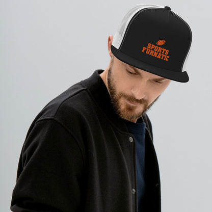 Sports Furnatic's Trucker Hat on male model, looking down, with logo centered in front and Orange embroidery-Printful Product