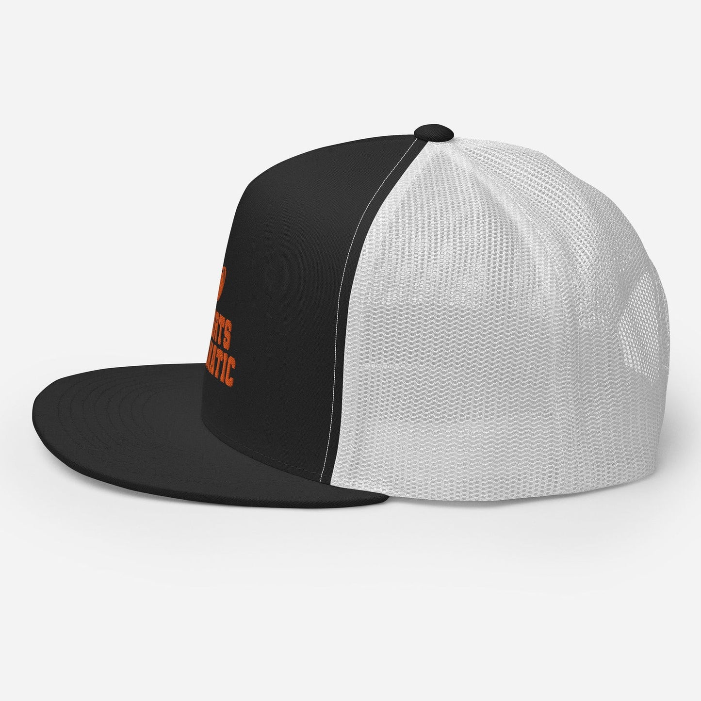 Sports Furnatic's Trucker Hat from the side with logo centered in front and Orange embroidery-Printful Product