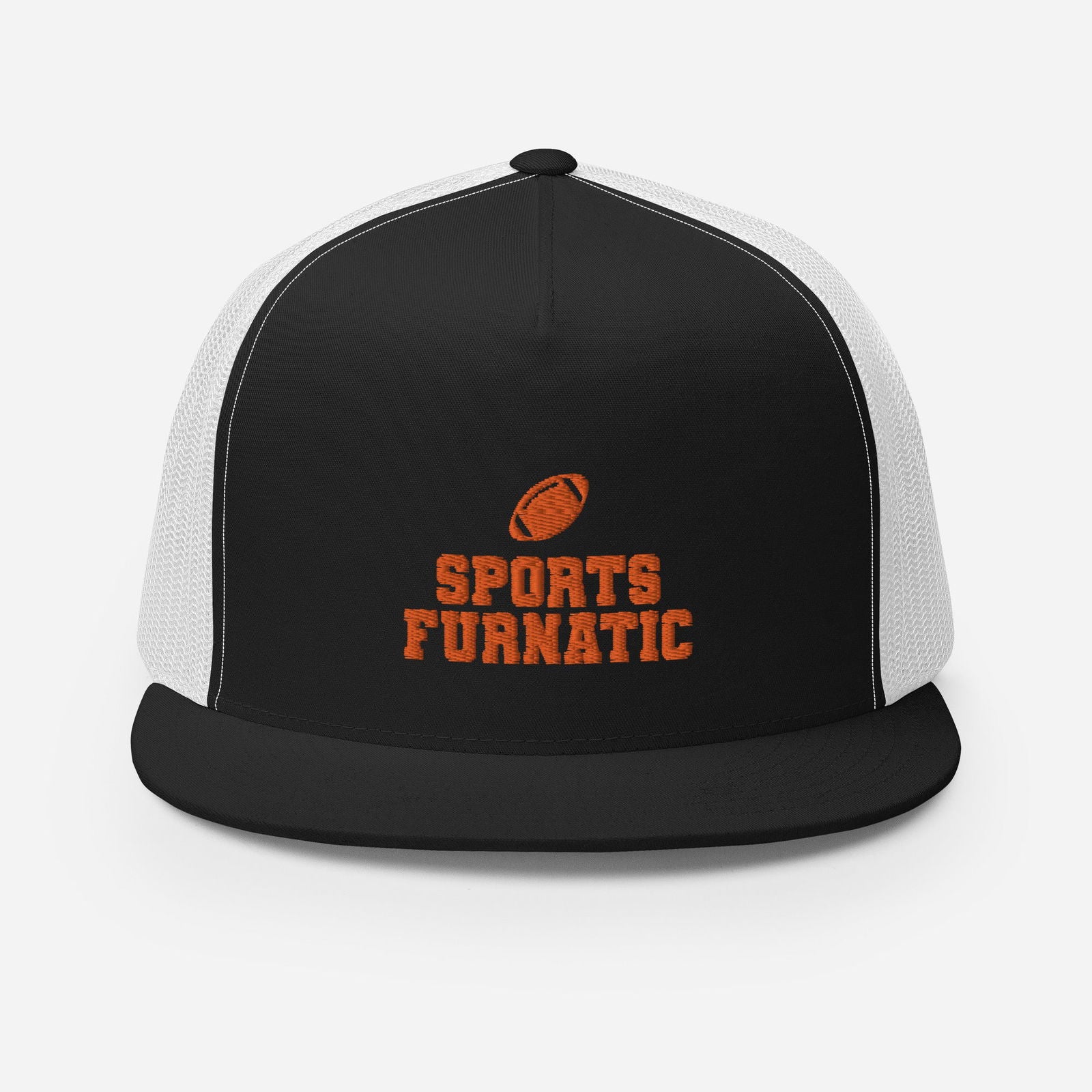 Sports Furnatic's Trucker Hat with logo centered in front and Orange embroidery-Printful Product