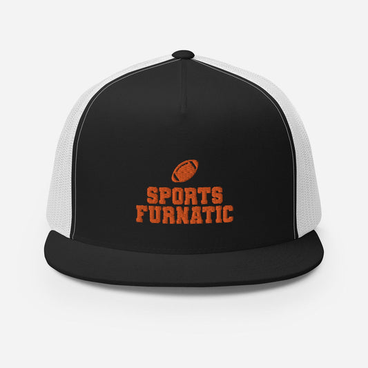 Sports Furnatic's Trucker Hat with logo centered in front and Orange embroidery-Printful Product