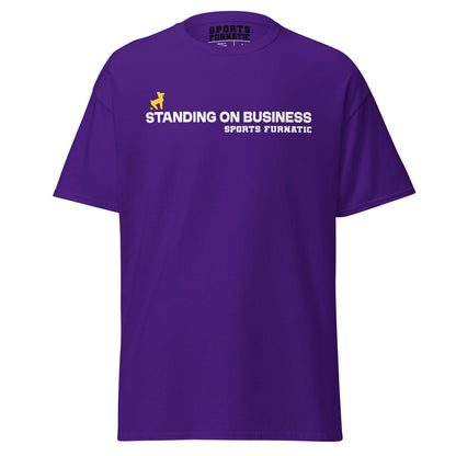 Sports Furantic's, Standing On Business, Purple T-Shirt with White lettering and Yellow Dog icon.