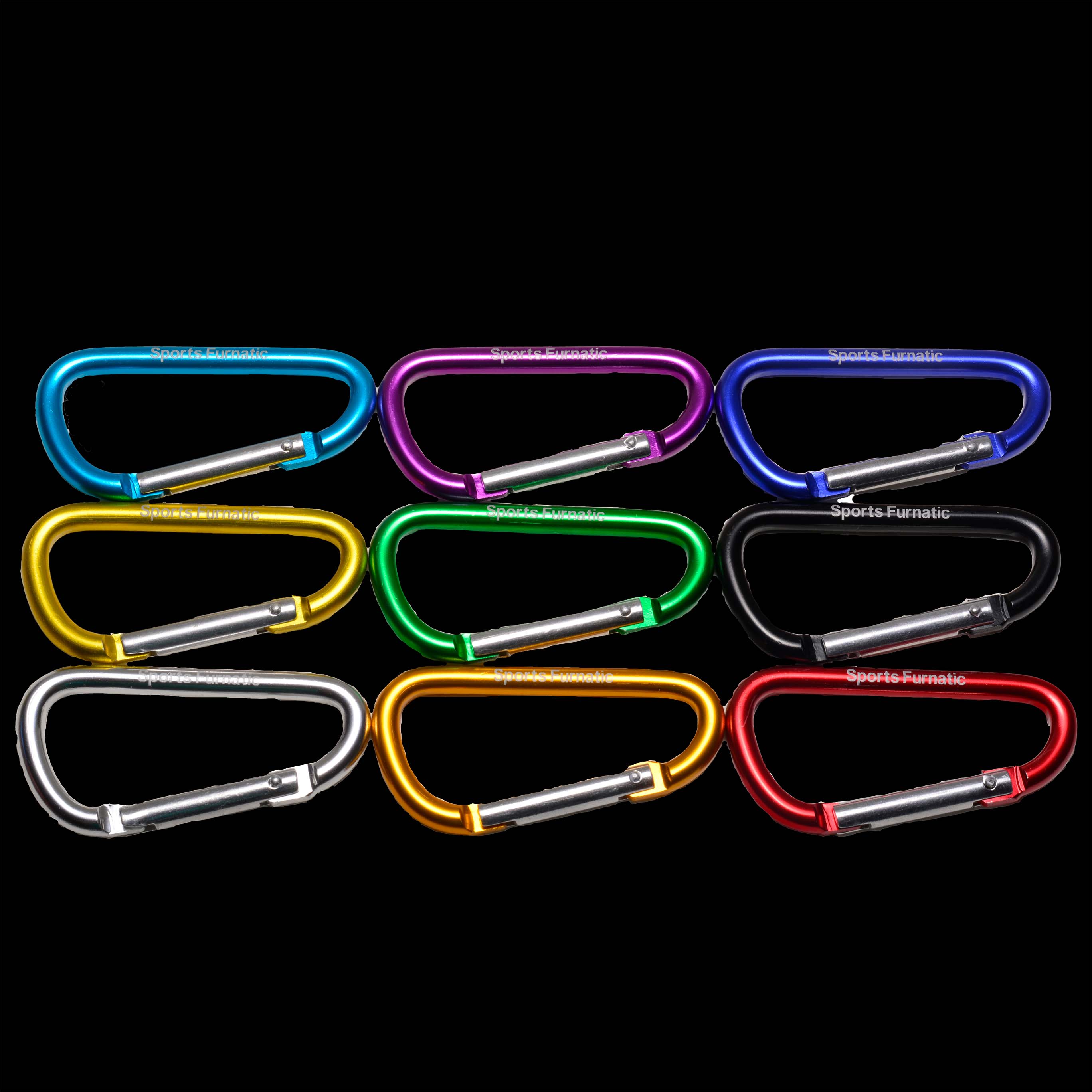 The Tail Gater™ has 9 carabiner colors to choose from. Lined up in three rows of 3 colors, for a total of 9  colors.
