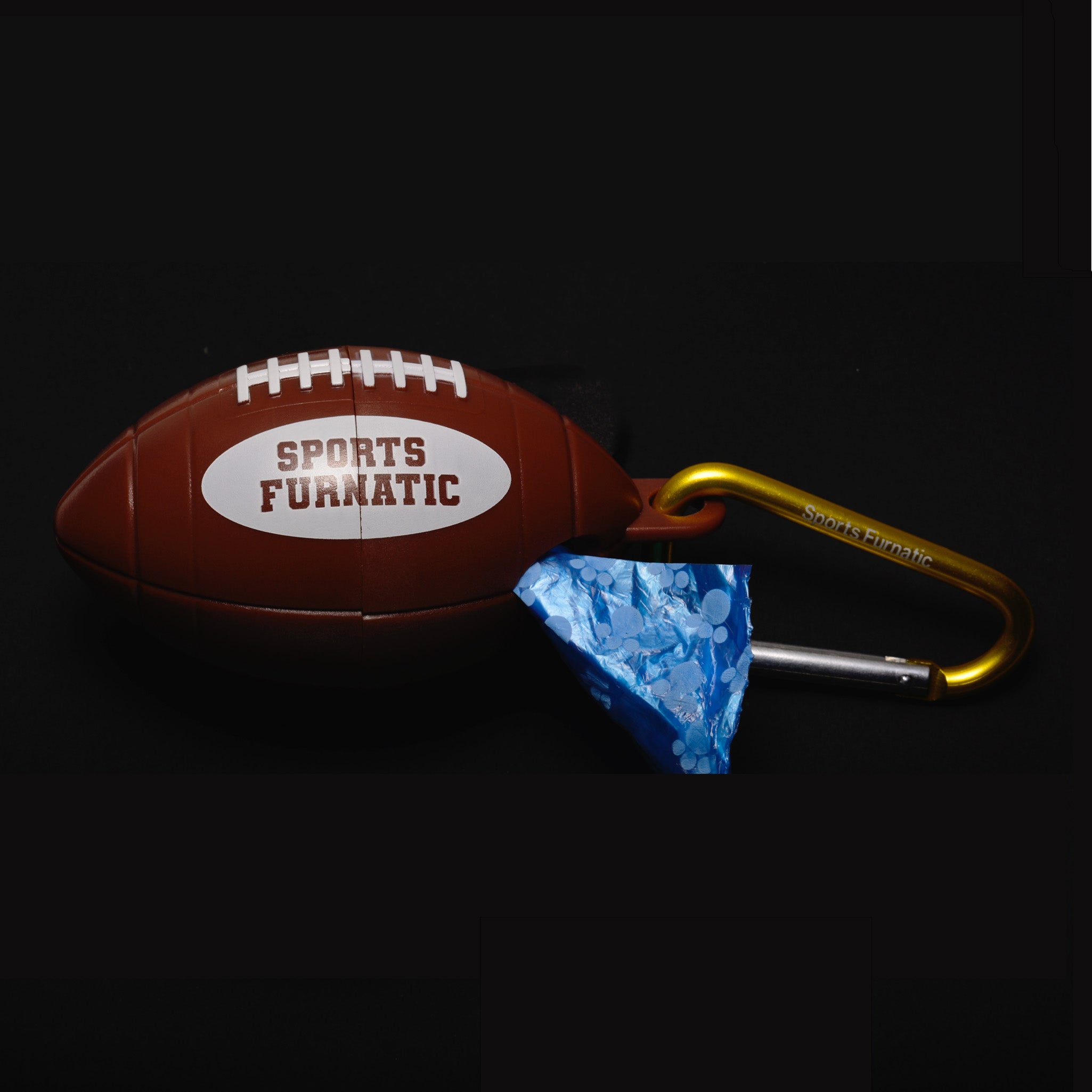 The Tail Gater™ with Gold Carabiner and Blue Bag Roll on Black Background