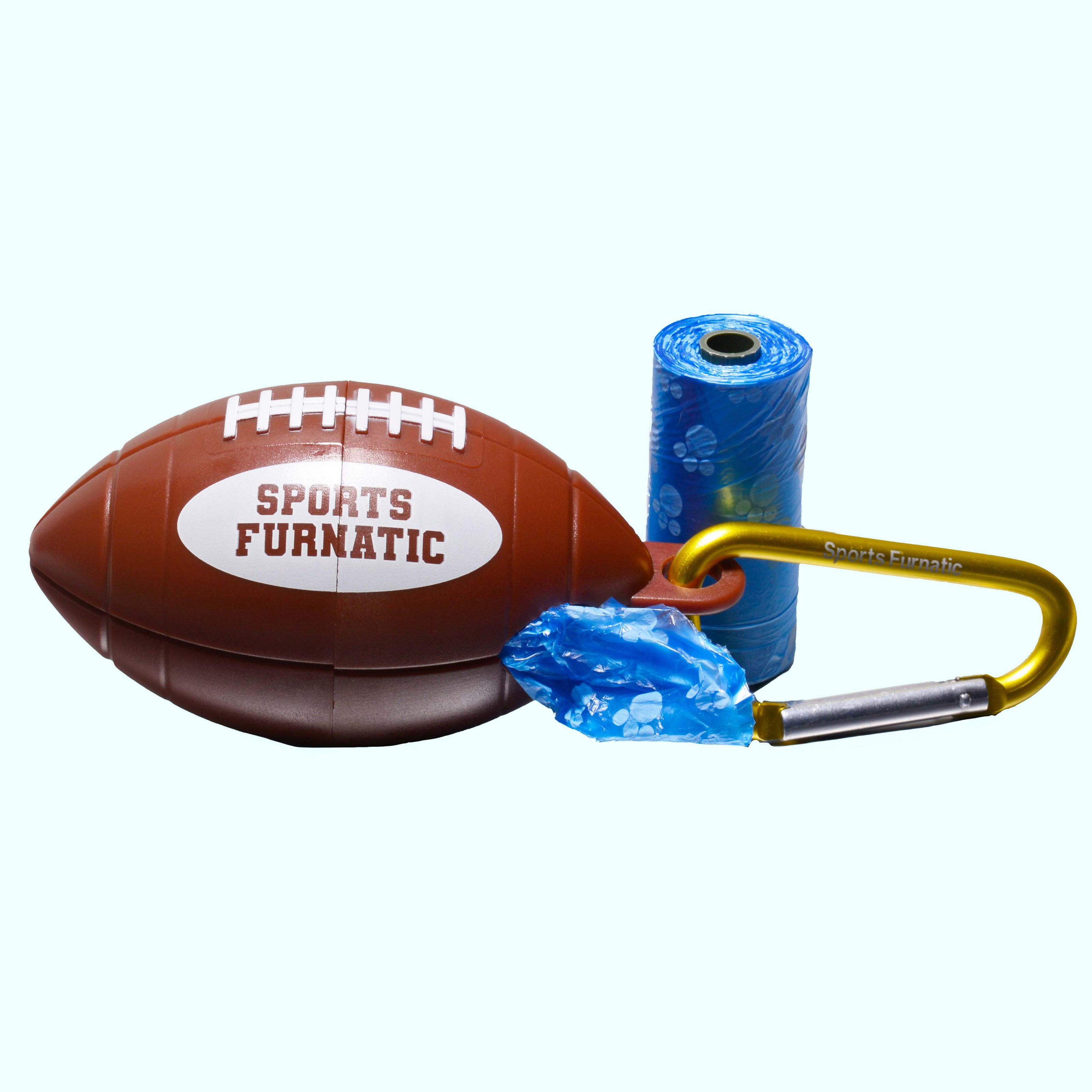 Sports Furnatic's poop bag dispenser named The Tail Gater. This one is customized with a Gold carabiner and Blue bag roll next to it, and one roll loaded the unit.