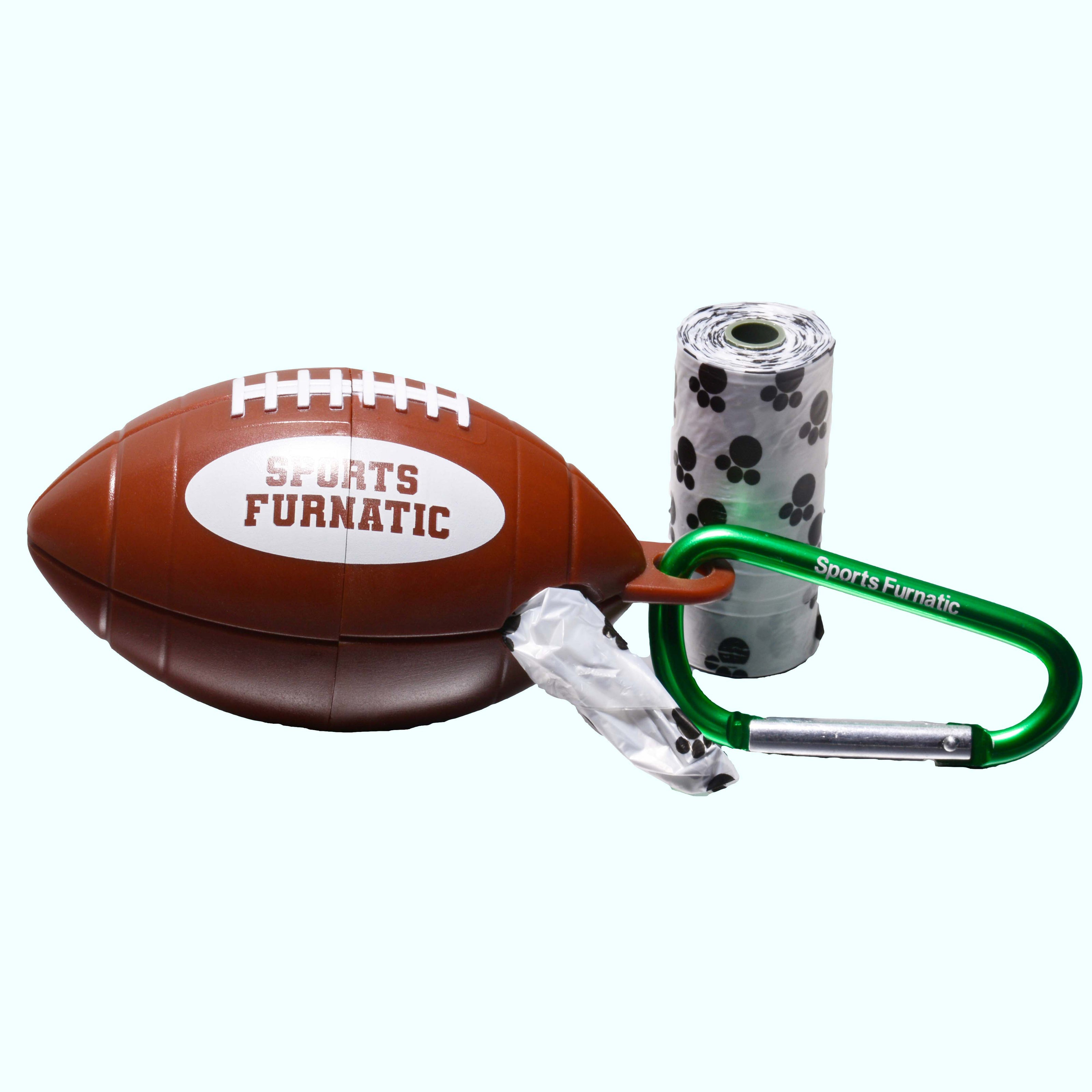 Sports Furnatic's poop bag dispenser named The Tail Gater. This one is customized with a Green carabiner and White bag roll next to it, and one roll loaded the unit.