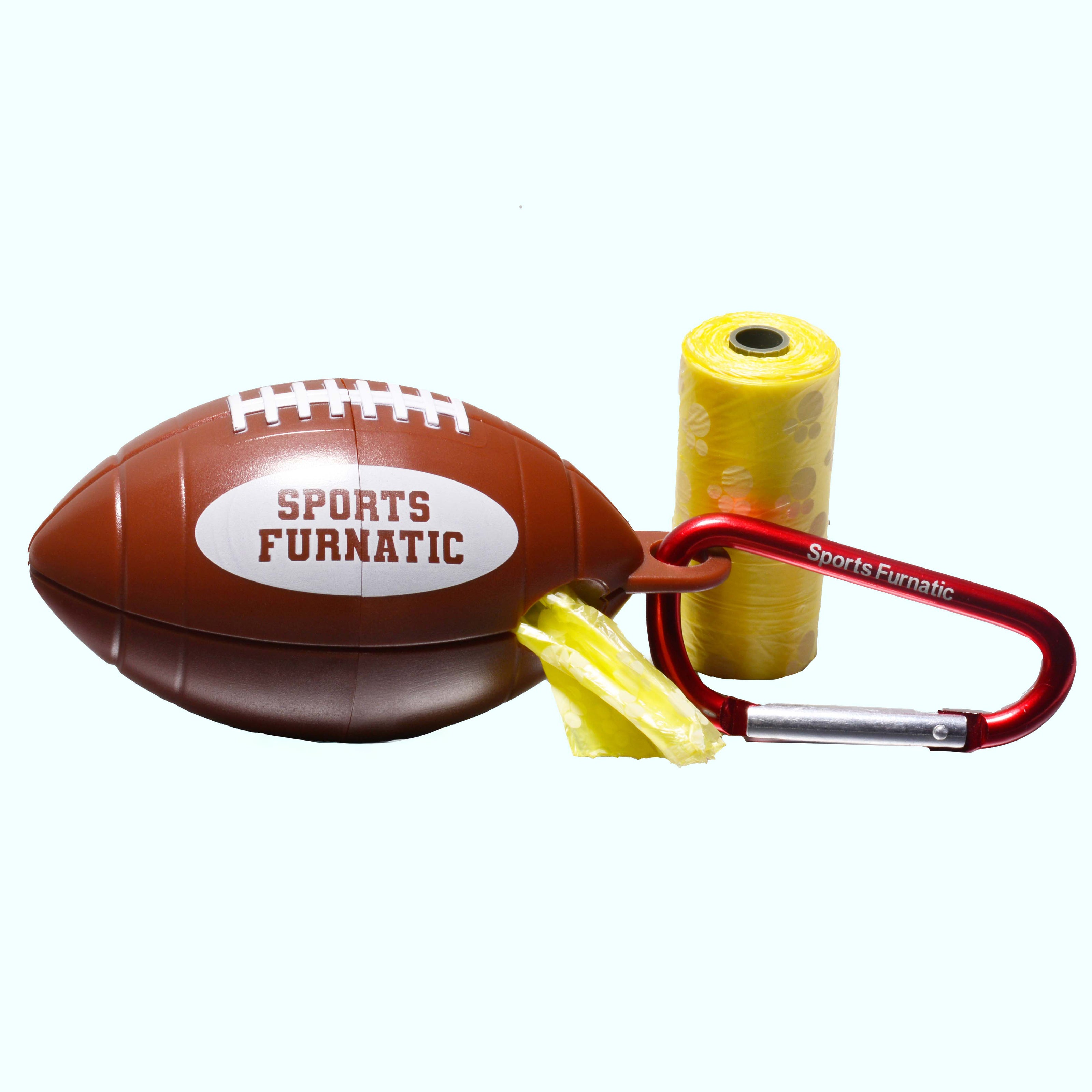 Sports Furnatic's poop bag dispenser named The Tail Gater. This one is customized with a Red carabiner and Yellow bag roll next to it, and one roll loaded the unit.