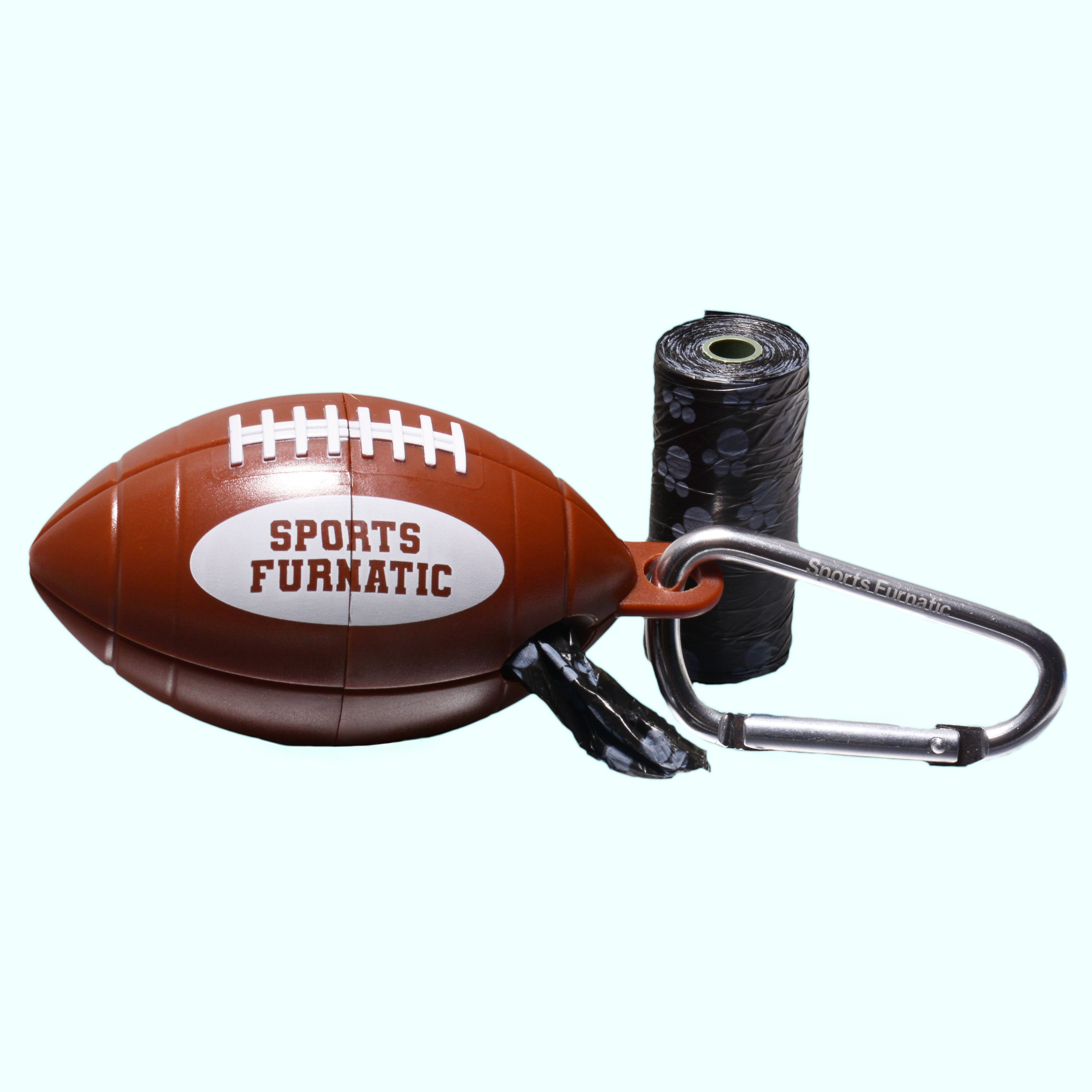 Sports Furnatic's poop bag dispenser named The Tail Gater. This one is customized with a Silver carabiner and Black bag roll next to it, and one roll loaded the unit.