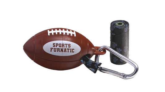 Sports Furnatic's poop bag dispenser named The Tail Gater. This one is customized with a Silver carabiner and Black  bag roll next to it, and one roll loaded the unit.