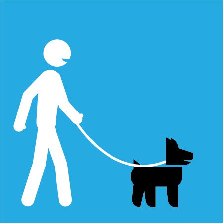 A 2D image of White stick figure with black stick figure dog on a white leash. Background is light blue.